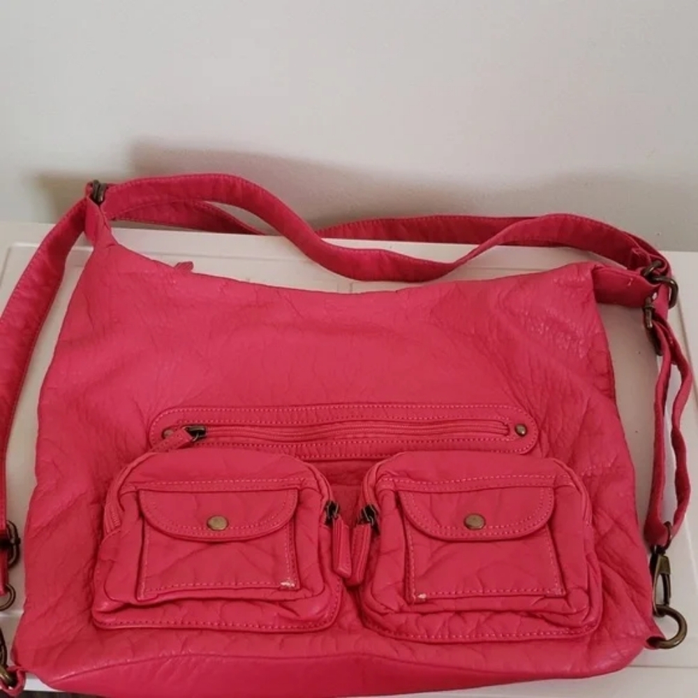 Convertible crossbody shoulder bag backpack purse, bright pink, faux leather